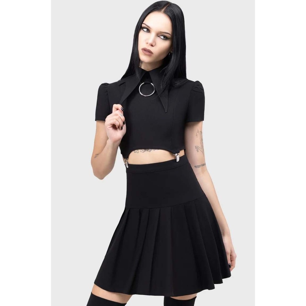 Killstar Darita 2-Piece Suspender Dress Black Goth O-Ring Pleated Set Small NWT